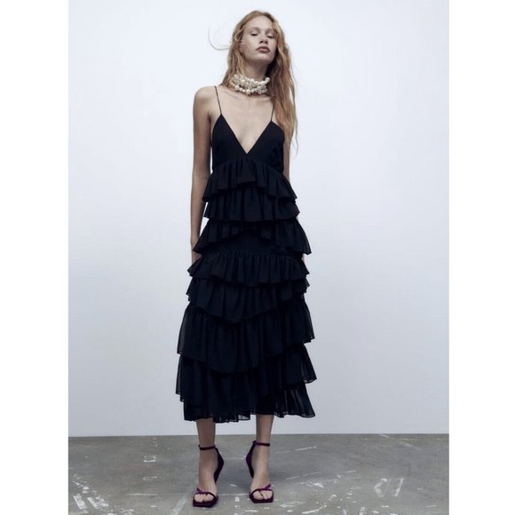 ZARA WOMAN STRAPPY RUFFLED MIDI LONG TIER DRESS BLACK  REF: 8777/830 S,M,L - Picture 4 of 12